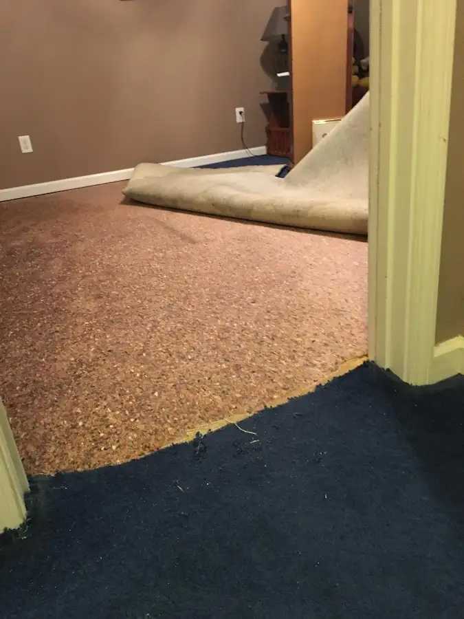 Carpet pad removal revealing water damage during Drying & Dehumidification in South Hill