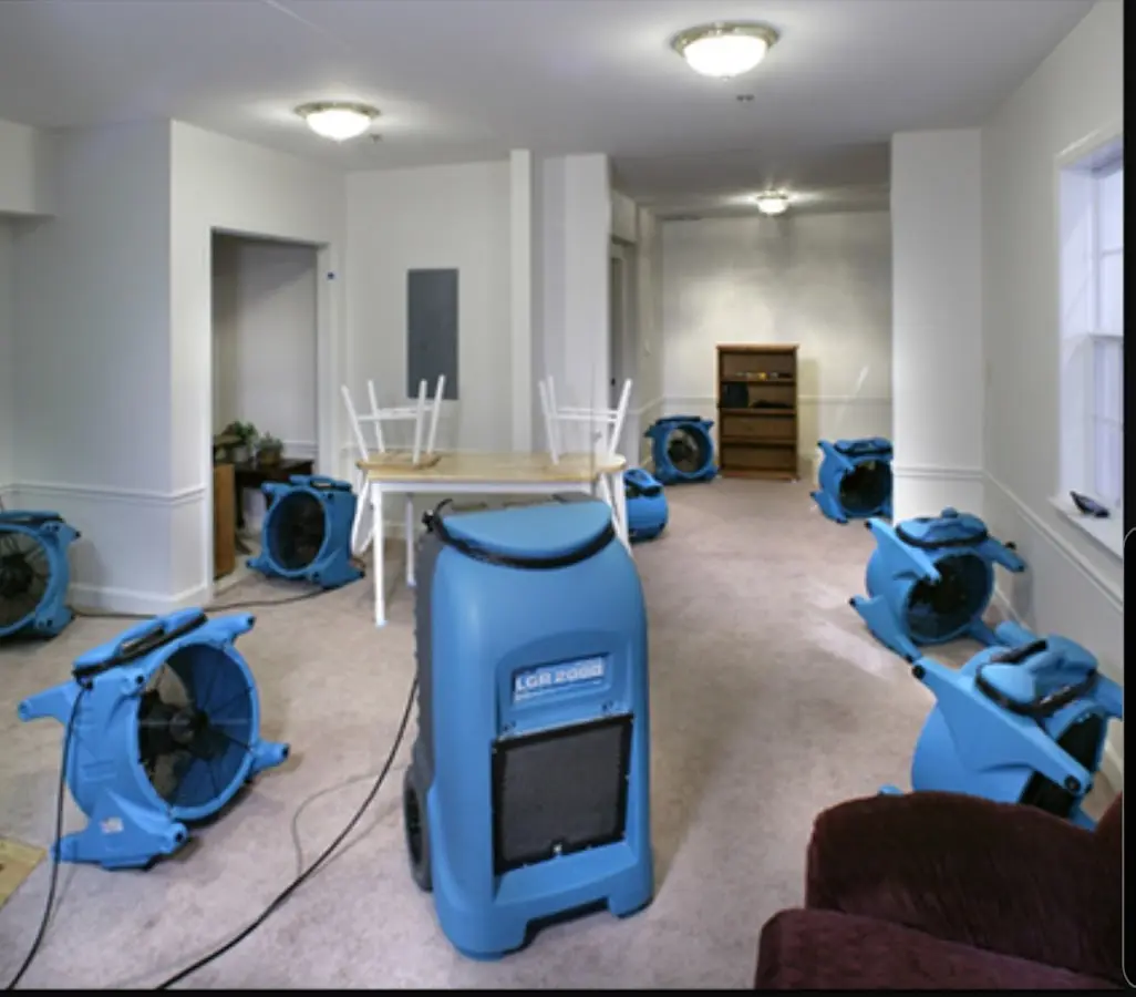 Air movers and dehumidifier setup for Water Damage Restoration in South Hill